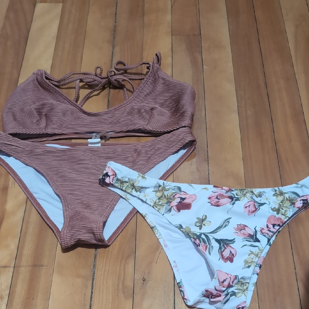 Cupshe Ribbed Brown Bikini Top & Bottom With Bonus Multicolor Bottom All Medium